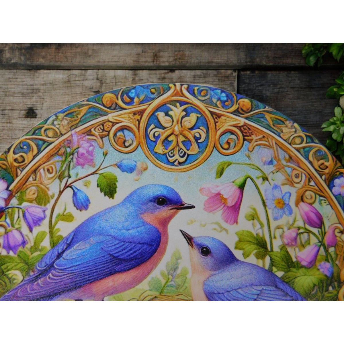 Ostara Blessings Decorative Metal Sign With Bluebirds & Floral Design – 8"x8" Round Wall Art