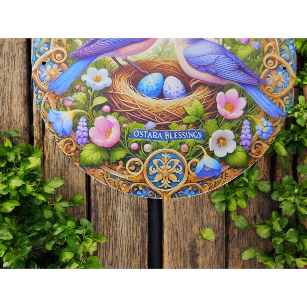 Ostara Blessings Decorative Metal Sign With Bluebirds & Floral Design – 8"x8" Round Wall Art