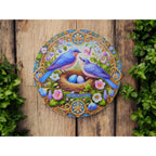 Ostara Blessings Decorative Metal Sign With Bluebirds & Floral Design – 8"x8" Round Wall Art