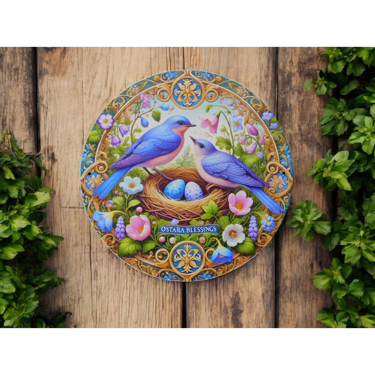 Ostara Blessings Decorative Metal Sign With Bluebirds & Floral Design – 8"x8" Round Wall Art