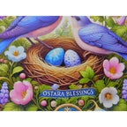 Ostara Blessings Decorative Metal Sign With Bluebirds & Floral Design – 8"x8" Round Wall Art