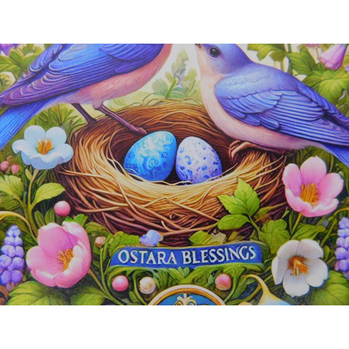 Ostara Blessings Decorative Metal Sign With Bluebirds & Floral Design – 8"x8" Round Wall Art