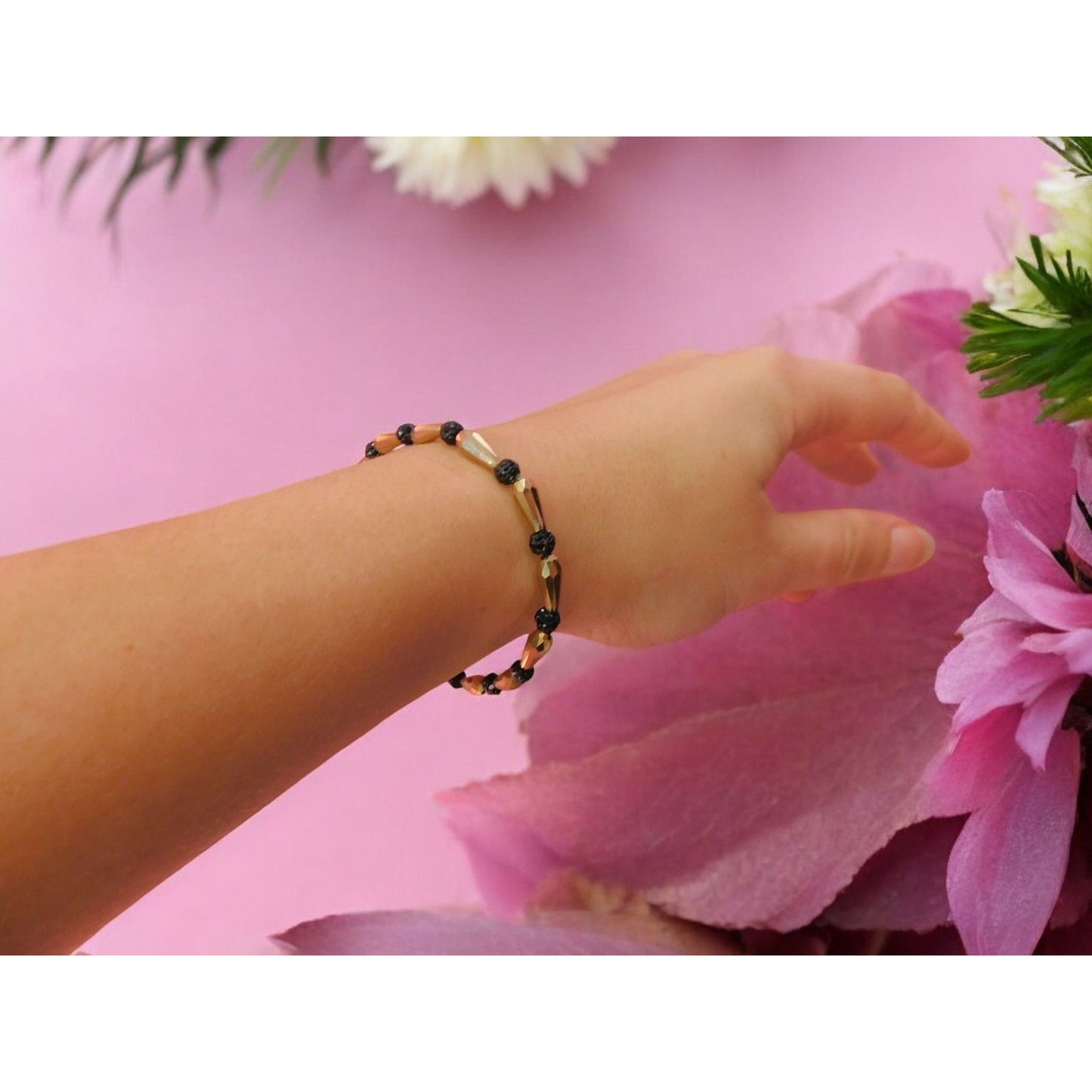 Erimish Gold and Black Beaded Bracelet - Glam Boho Stretch Bracelet