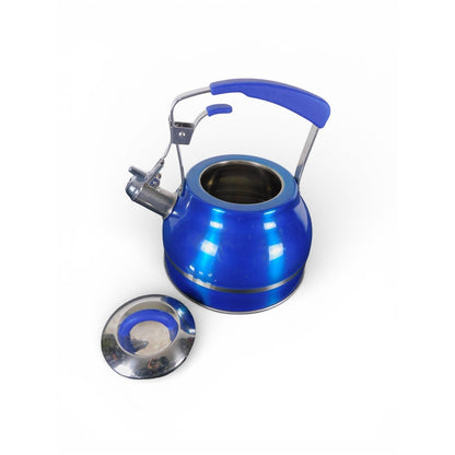 Blue Stainless Steel Whistling Tea Kettle w Soft Grip Handle