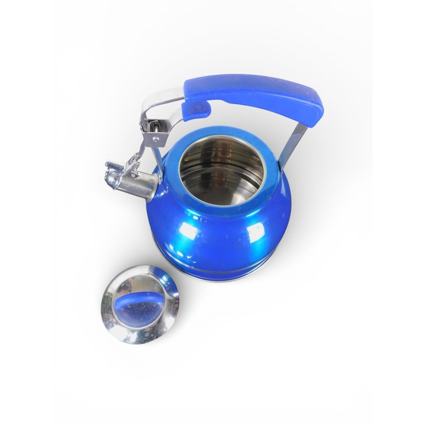Blue Stainless Steel Whistling Tea Kettle w Soft Grip Handle