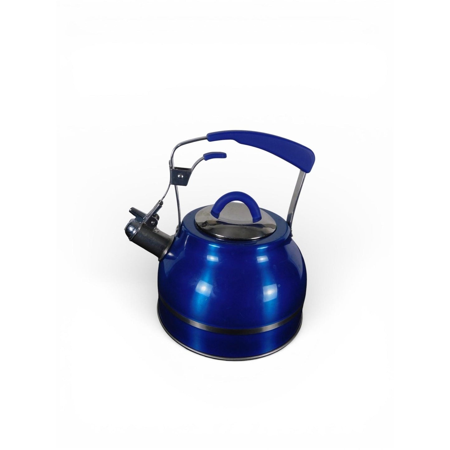 Blue Stainless Steel Whistling Tea Kettle w Soft Grip Handle