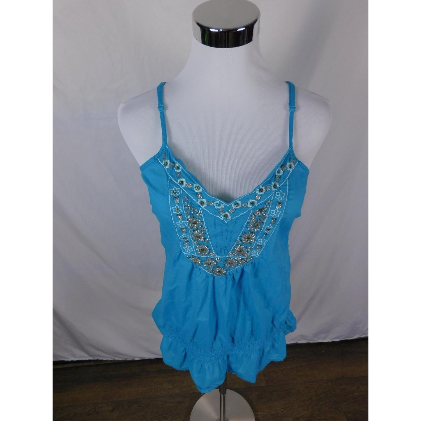 Apt 9 Turquoise Beaded Boho Tank M - Ruffle Hem Embellished - Excellent