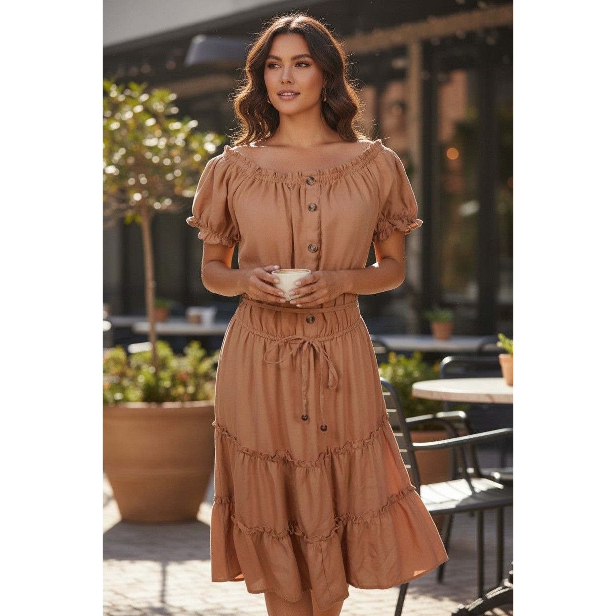 MPH Collection Peach Off-Shoulder Dress XL - Tiered Button - Excellent