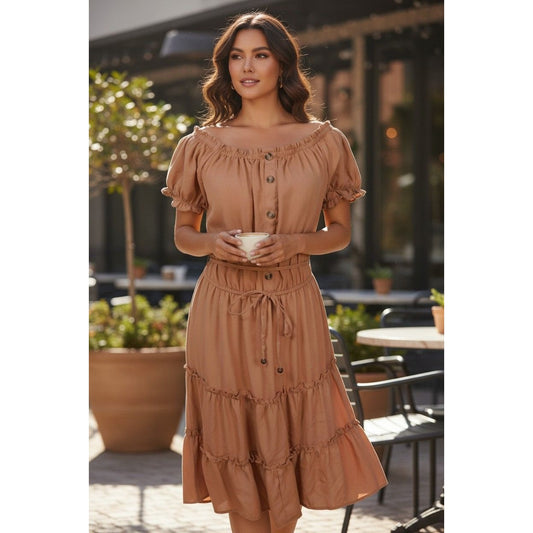 MPH Collection Peach Off-Shoulder Dress XL - Tiered Button - Excellent