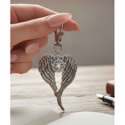 Angel Wing Pentagram Keychain Silver Clip Christian Witch