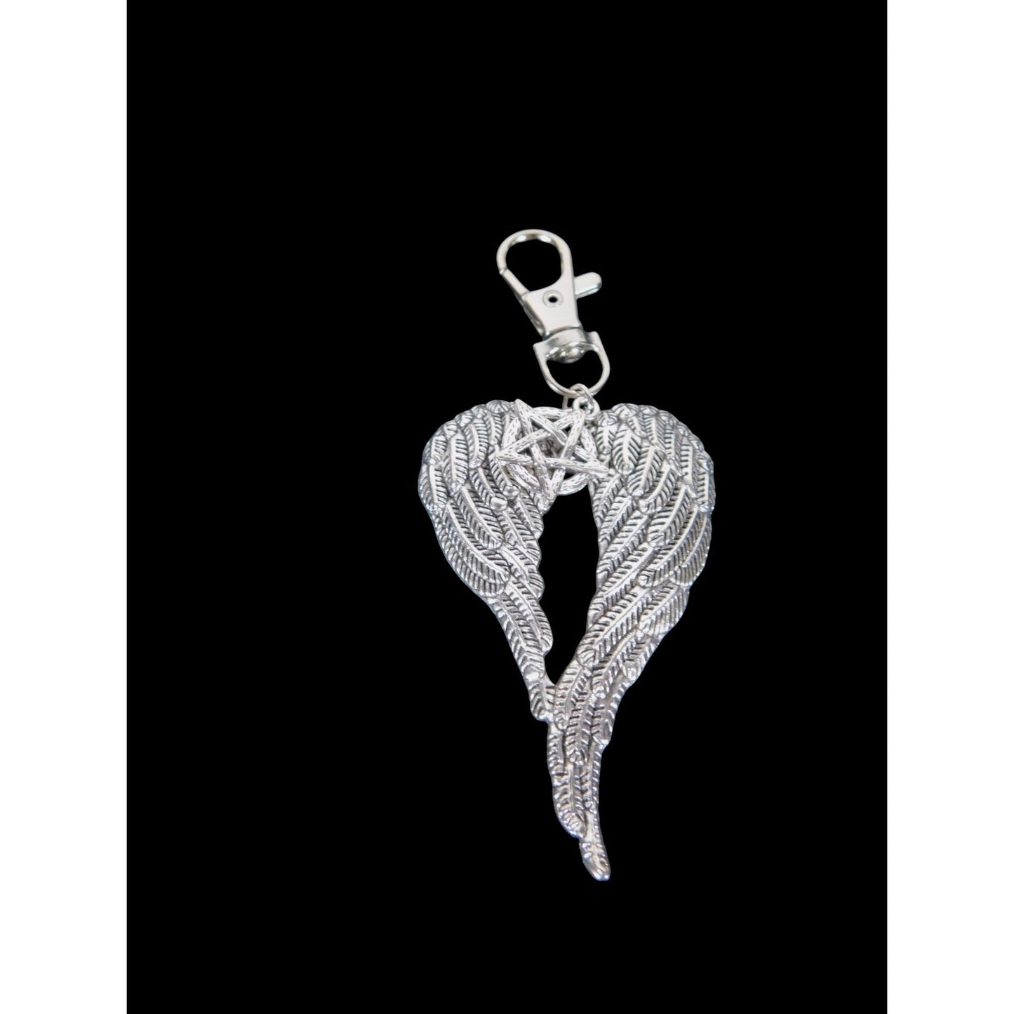 Angel Wing Pentagram Keychain Silver Clip Christian Witch