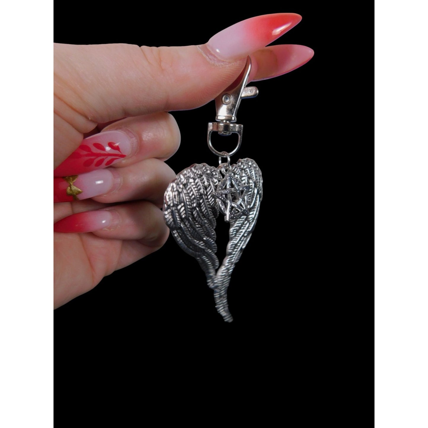 Angel Wing Pentagram Keychain Silver Clip Christian Witch