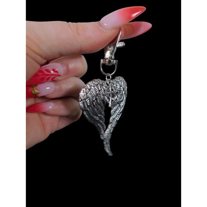 Angel Wing Pentagram Keychain Silver Clip Christian Witch