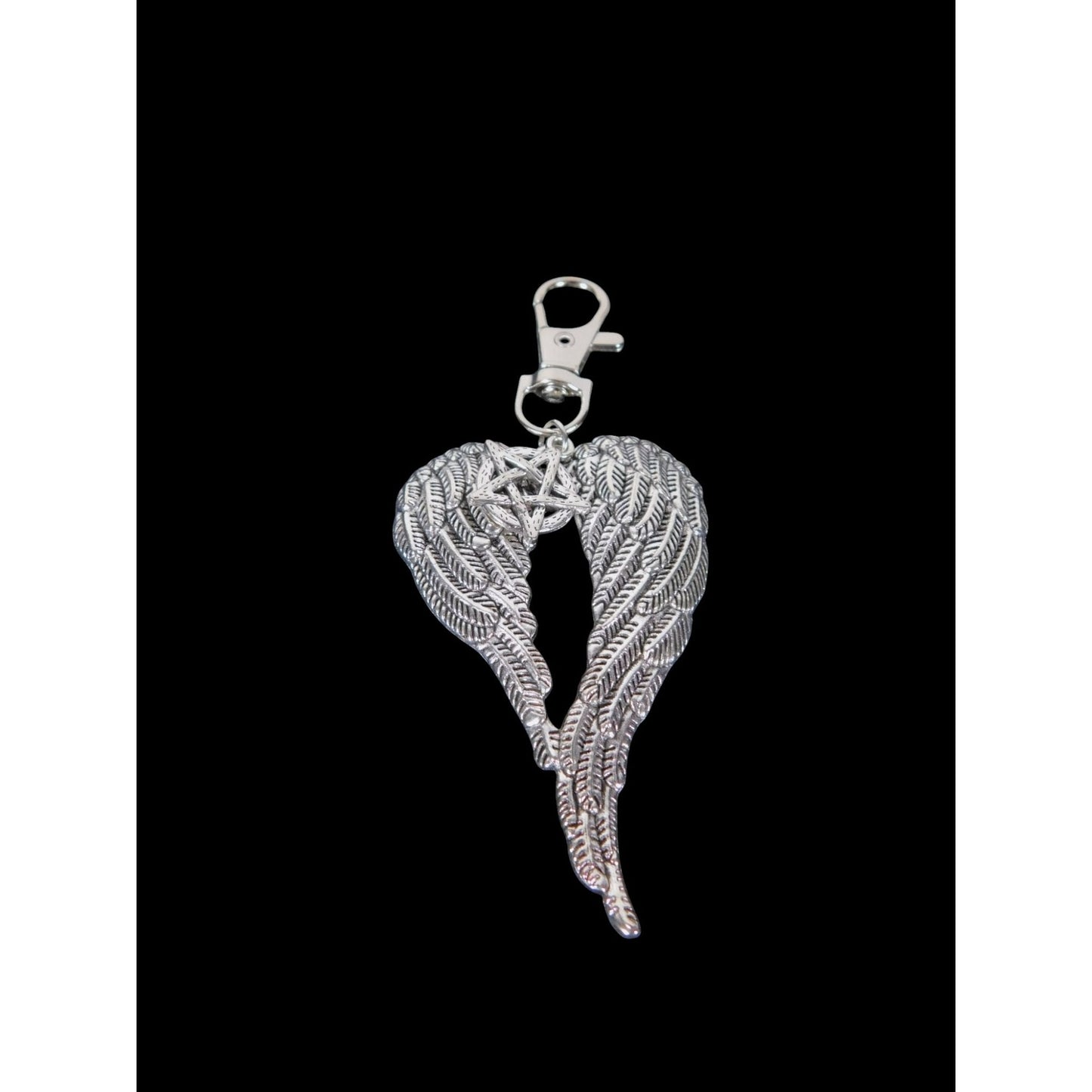 Angel Wing Pentagram Keychain Silver Clip Christian Witch