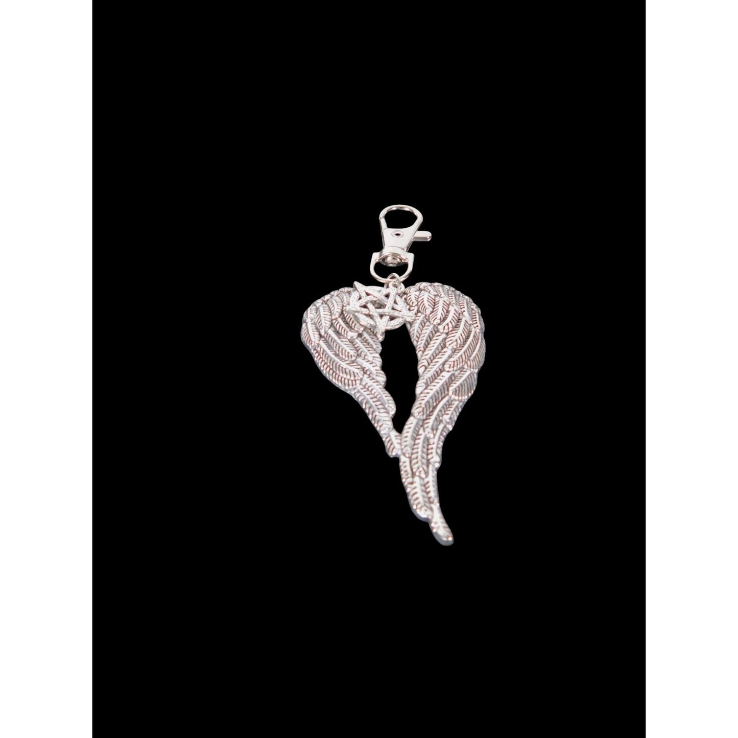 Angel Wing Pentagram Keychain Silver Clip Christian Witch