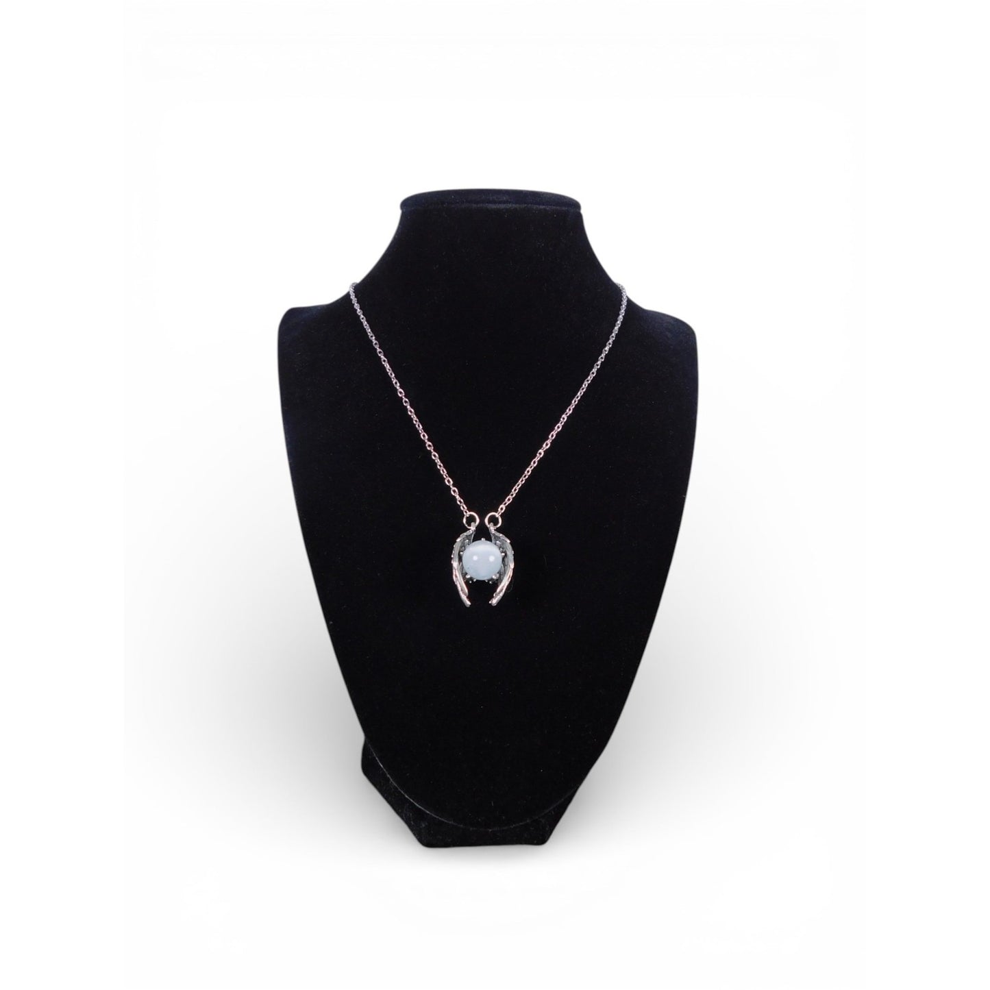 Angel Wing Pendant Necklace Silver Tone White Glass Religious Jewelry Adjustable