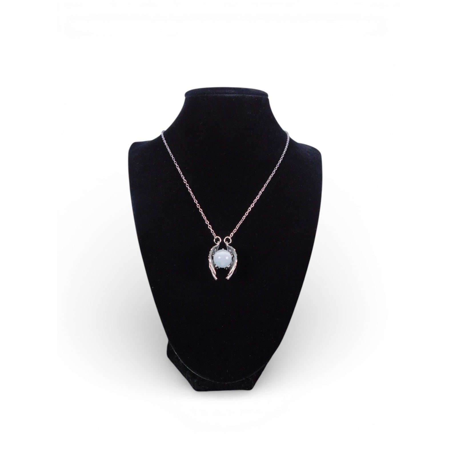 Angel Wing Pendant Necklace Silver Tone White Glass Religious Jewelry Adjustable