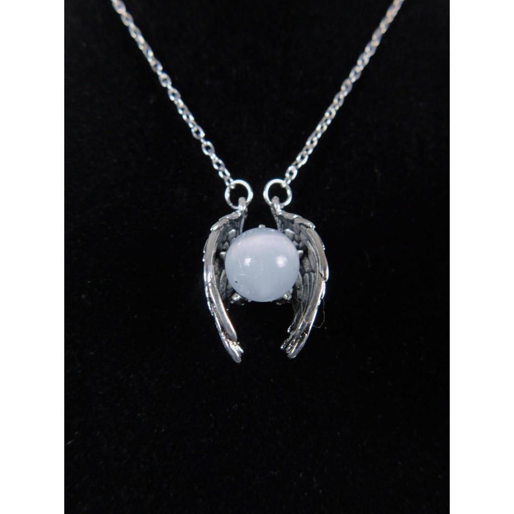 Angel Wing Pendant Necklace Silver Tone White Glass Religious Jewelry Adjustable