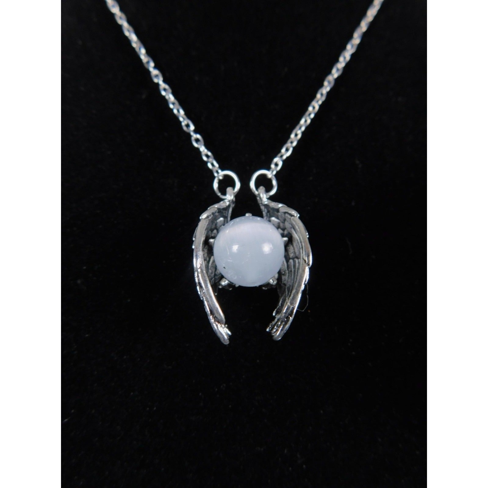 Angel Wing Pendant Necklace Silver Tone White Glass Religious Jewelry Adjustable