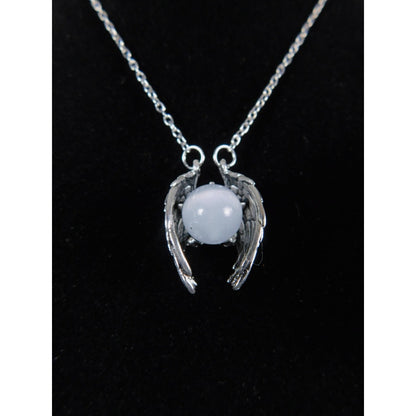 Angel Wing Pendant Necklace Silver Tone White Glass Religious Jewelry Adjustable