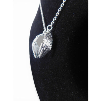 Angel Wing Pendant Necklace Silver Tone White Glass Religious Jewelry Adjustable
