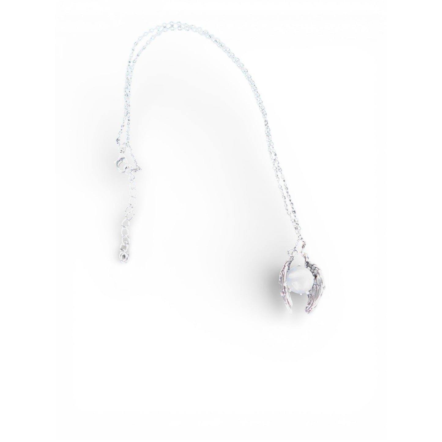 Angel Wing Pendant Necklace Silver Tone White Glass Religious Jewelry Adjustable