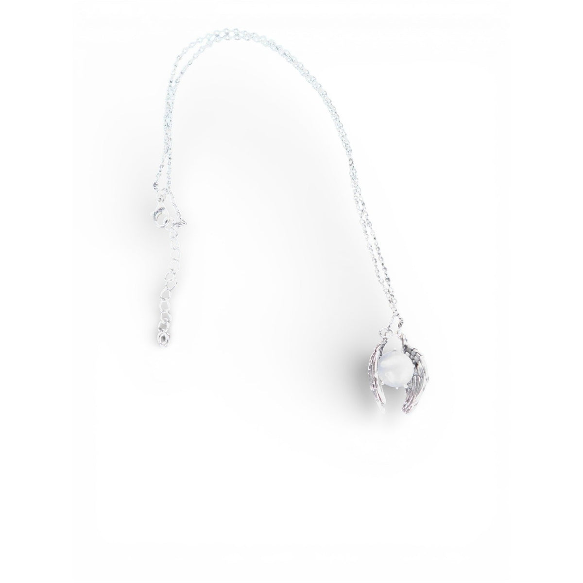 Angel Wing Pendant Necklace Silver Tone White Glass Religious Jewelry Adjustable