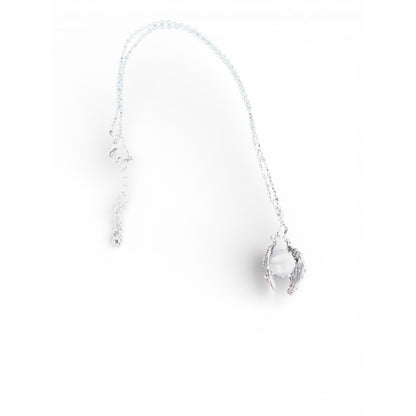 Angel Wing Pendant Necklace Silver Tone White Glass Religious Jewelry Adjustable