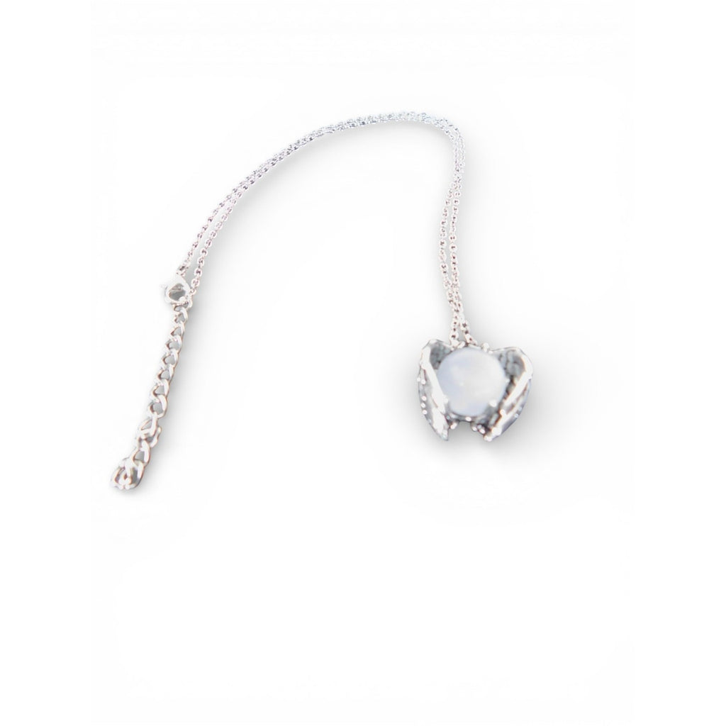 Angel Wing Pendant Necklace Silver Tone White Glass Religious Jewelry Adjustable