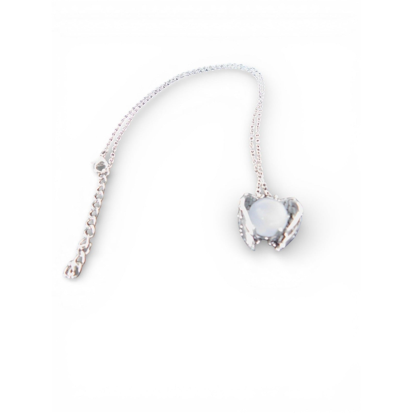 Angel Wing Pendant Necklace Silver Tone White Glass Religious Jewelry Adjustable