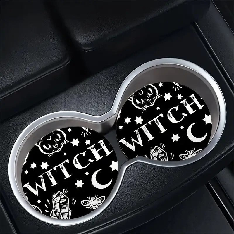 Witchy-Themed Car Coasters Black & White 2-Pack For Drink Holder Protection 2.6" Diameter