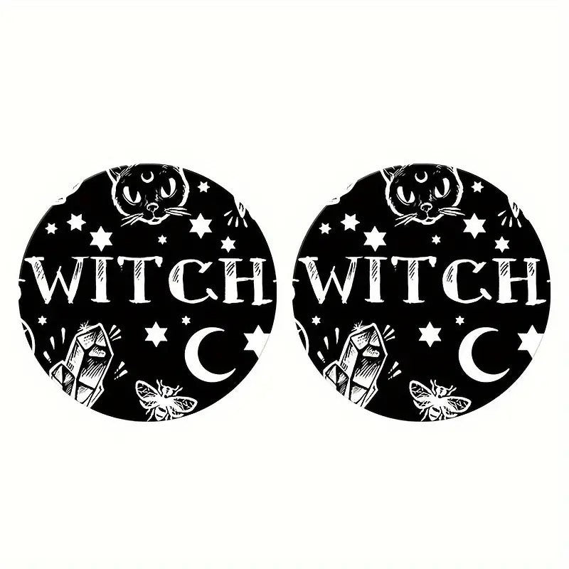 Witchy-Themed Car Coasters Black & White 2-Pack For Drink Holder Protection 2.6" Diameter