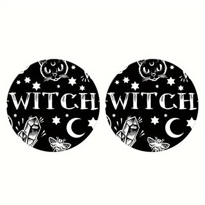 Witchy-Themed Car Coasters Black & White 2-Pack For Drink Holder Protection 2.6" Diameter