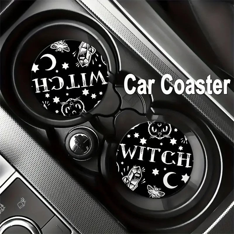 Witchy-Themed Car Coasters Black & White 2-Pack For Drink Holder Protection 2.6" Diameter