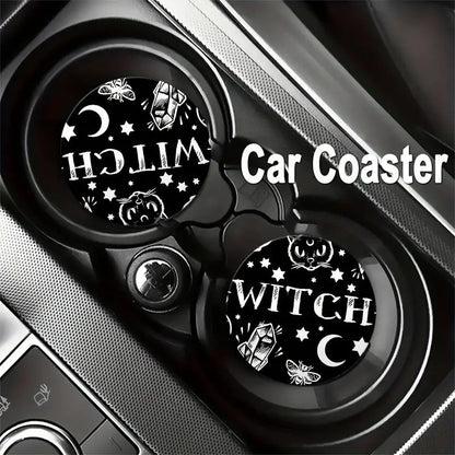 Witchy-Themed Car Coasters Black & White 2-Pack For Drink Holder Protection 2.6" Diameter