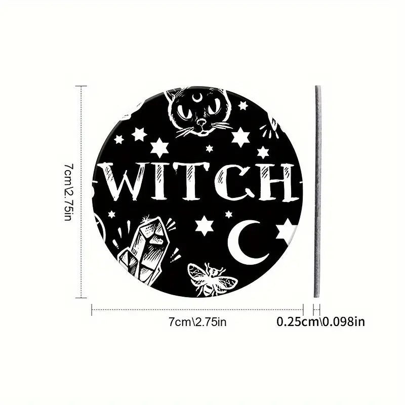 Witchy-Themed Car Coasters Black & White 2-Pack For Drink Holder Protection 2.6" Diameter