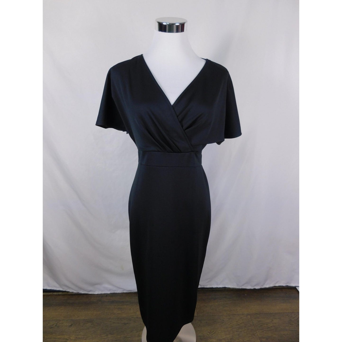 Grace Karin Black Wrap Midi Dress S - Flutter Sleeve Sheath - Excellent
