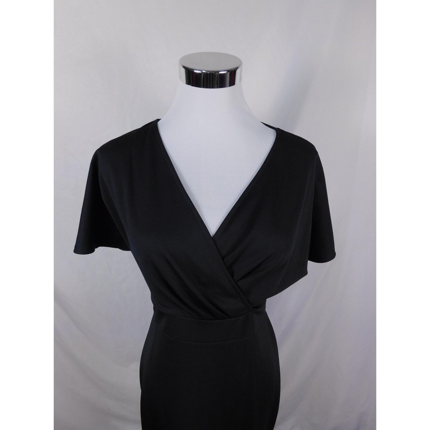 Grace Karin Black Wrap Midi Dress S - Flutter Sleeve Sheath - Excellent