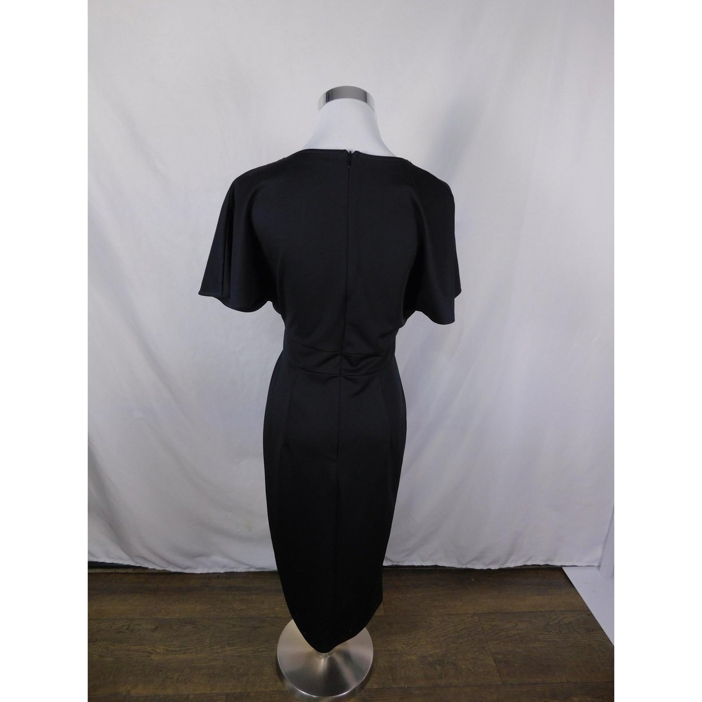 Grace Karin Black Wrap Midi Dress S - Flutter Sleeve Sheath - Excellent