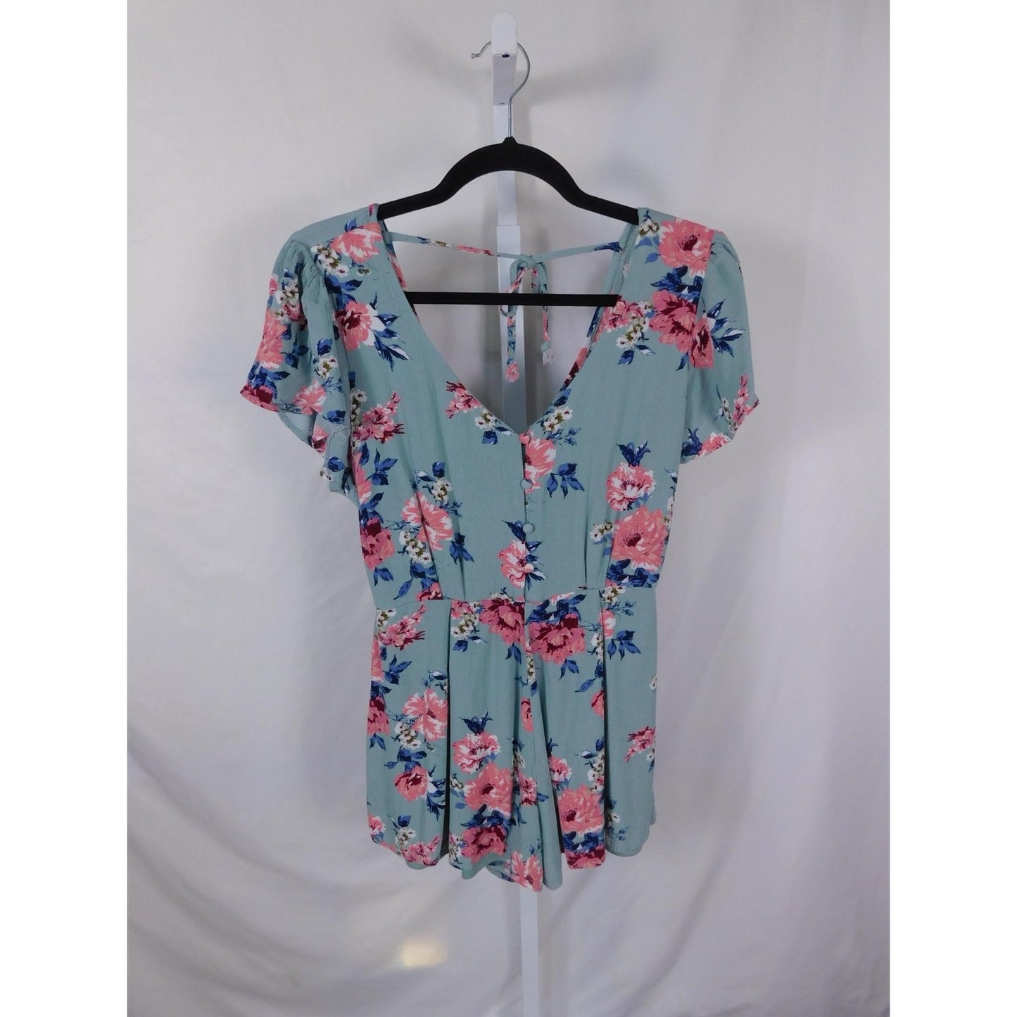 Three Pink Hearts Sage Floral Romper S - V-Neck - Excellent - Witchcore Earth