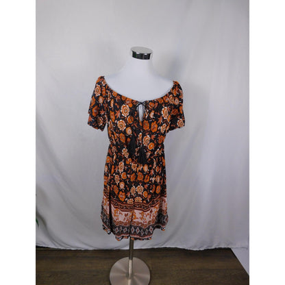 SHEIN Curve Dress Womens 1XL Black Orange Boho Floral Tassel Tie Short Sleeve