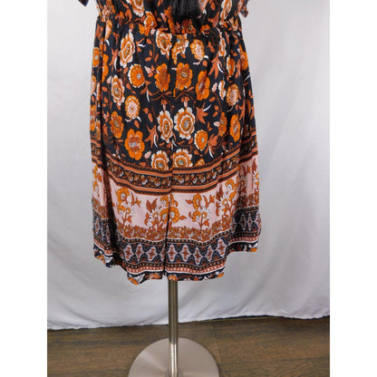 SHEIN Curve Dress Womens 1XL Black Orange Boho Floral Tassel Tie Short Sleeve
