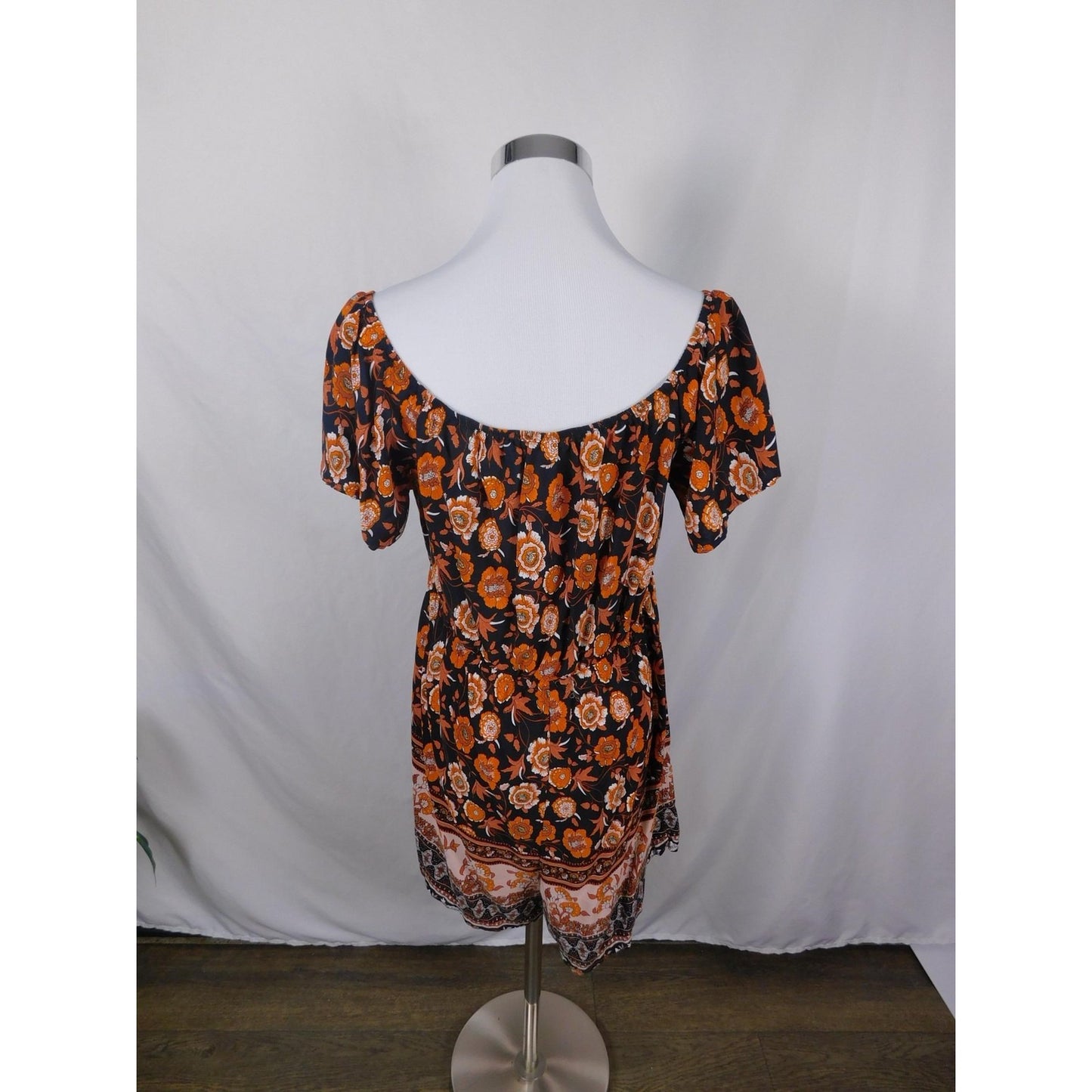 SHEIN Curve Dress Womens 1XL Black Orange Boho Floral Tassel Tie Short Sleeve