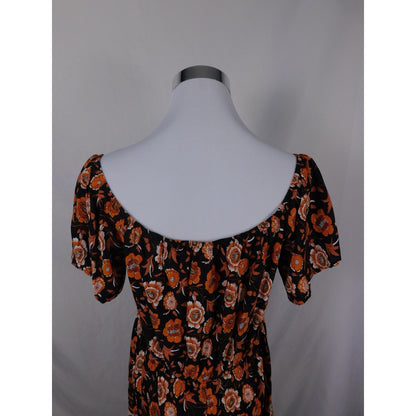 SHEIN Curve Dress Womens 1XL Black Orange Boho Floral Tassel Tie Short Sleeve