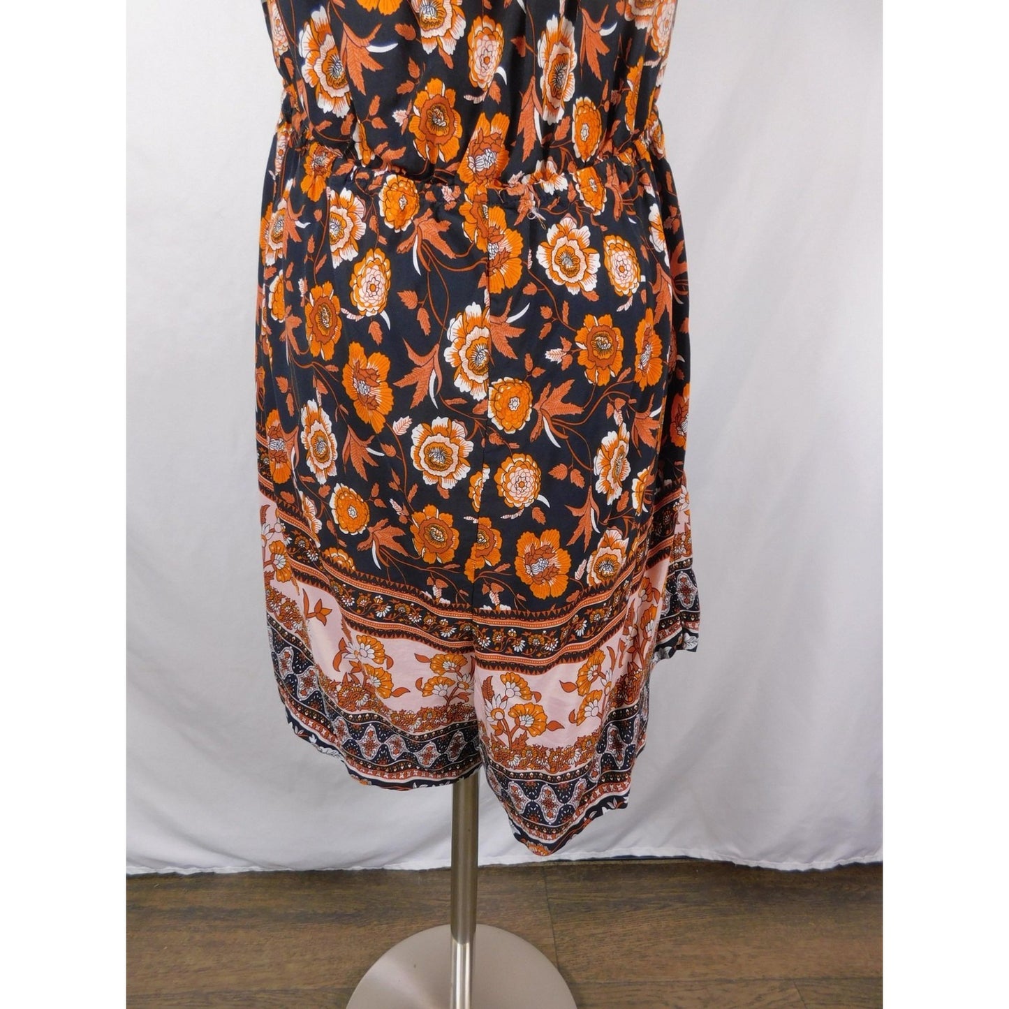 SHEIN Curve Dress Womens 1XL Black Orange Boho Floral Tassel Tie Short Sleeve