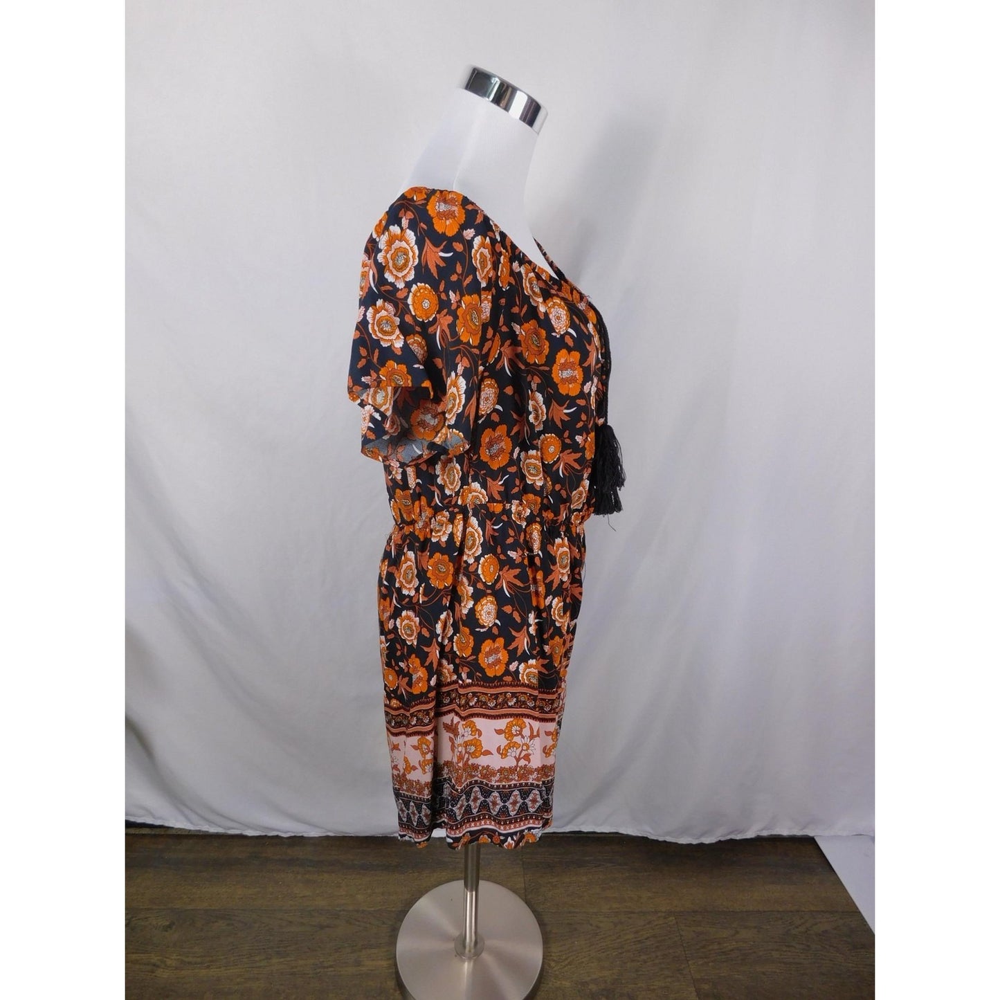 SHEIN Curve Dress Womens 1XL Black Orange Boho Floral Tassel Tie Short Sleeve