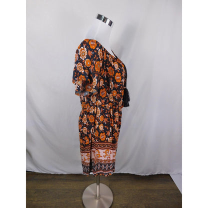 SHEIN Curve Dress Womens 1XL Black Orange Boho Floral Tassel Tie Short Sleeve