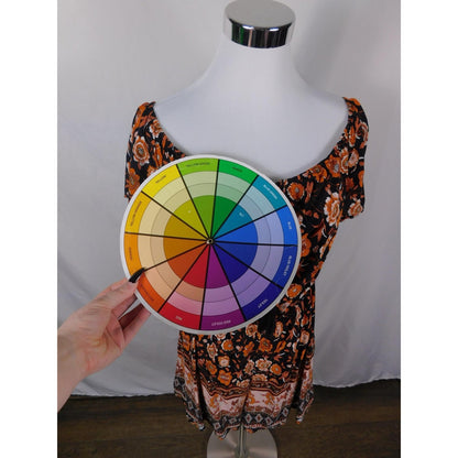 SHEIN Curve Dress Womens 1XL Black Orange Boho Floral Tassel Tie Short Sleeve