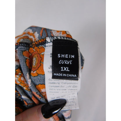 SHEIN Curve Dress Womens 1XL Black Orange Boho Floral Tassel Tie Short Sleeve
