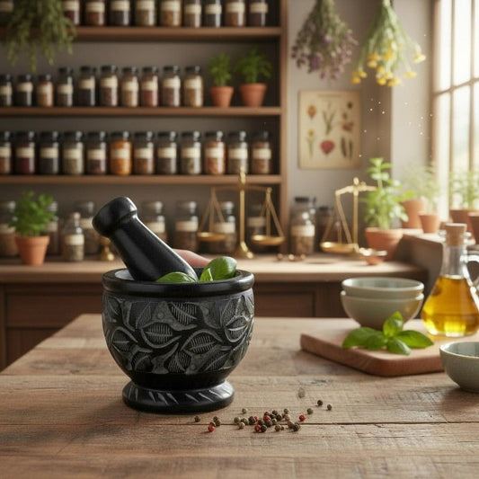 Handmade Black Soapstone Mortar & Pestle 3" - Carved Ritual Grinder - New